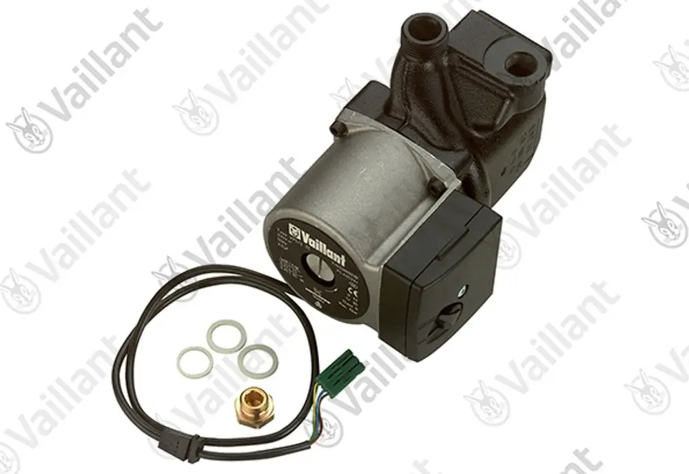 Vaillant Pumpe mit Motor, Elektronikanschluss und Zubehörteilen wie Dichtungen und einem Anschlussstück.
